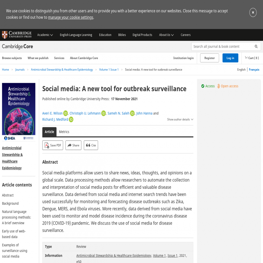 A healthcare social media research article published in Antimicrobial Stewardship and Healthcare Epidemiology, November 16, 2021