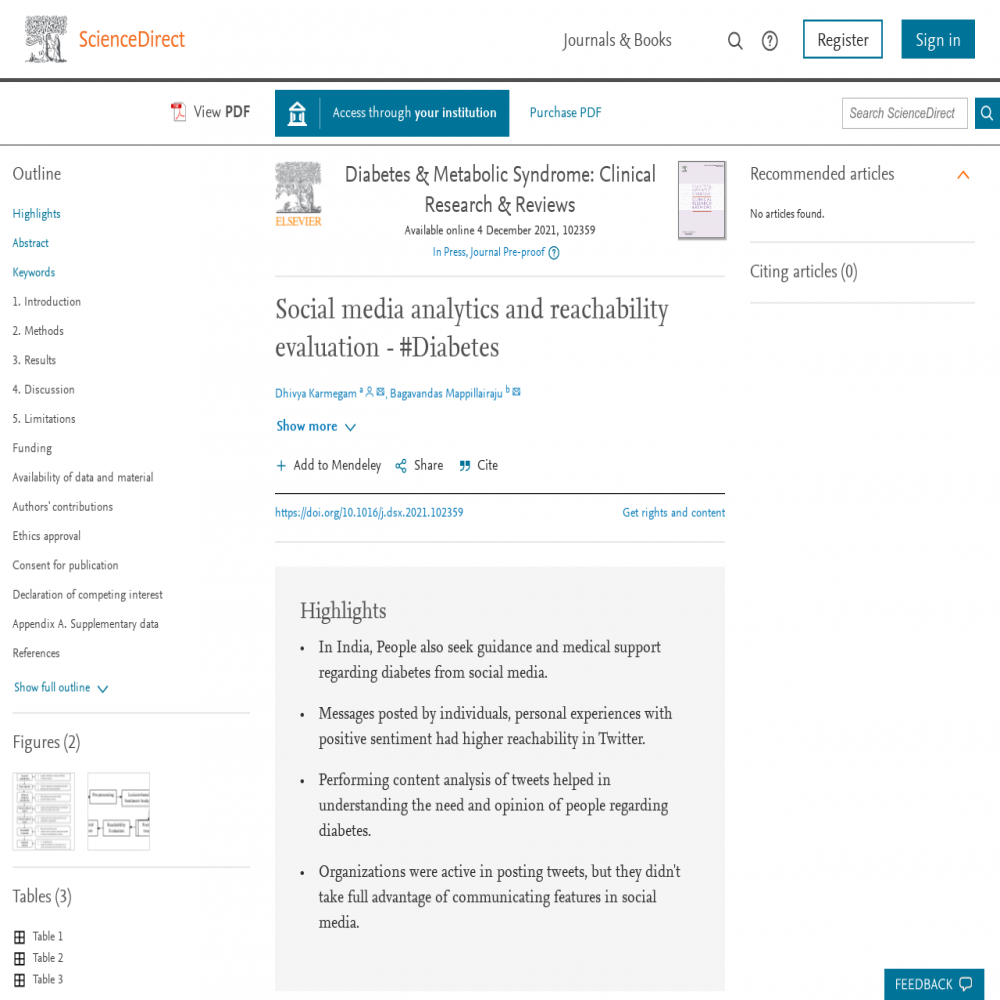 A healthcare social media research article published in Diabetes & Metabolic Syndrome: Clinical Research & Reviews, December 3, 2021