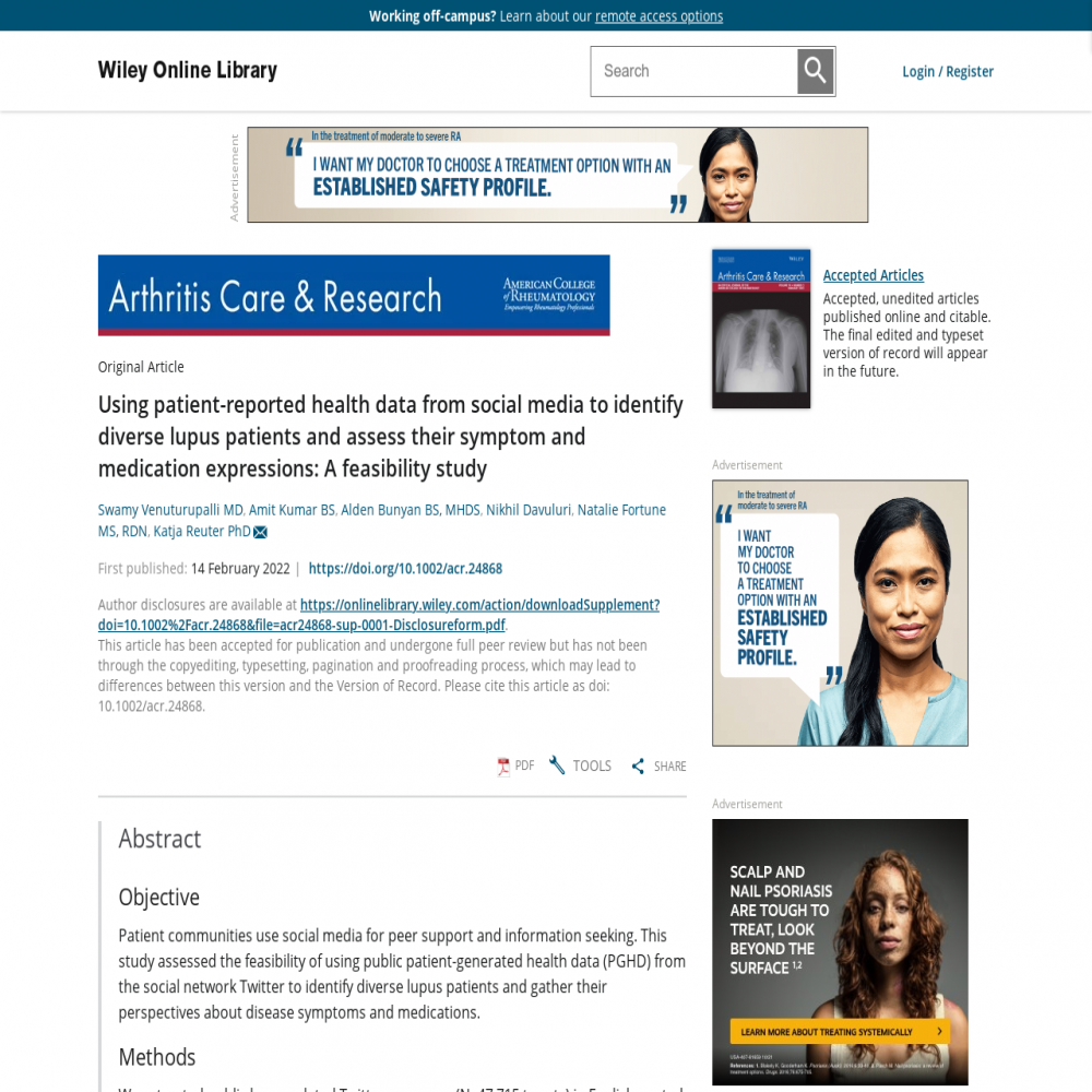 A healthcare social media research article published in Arthritis Care & Research, October 31, 2022