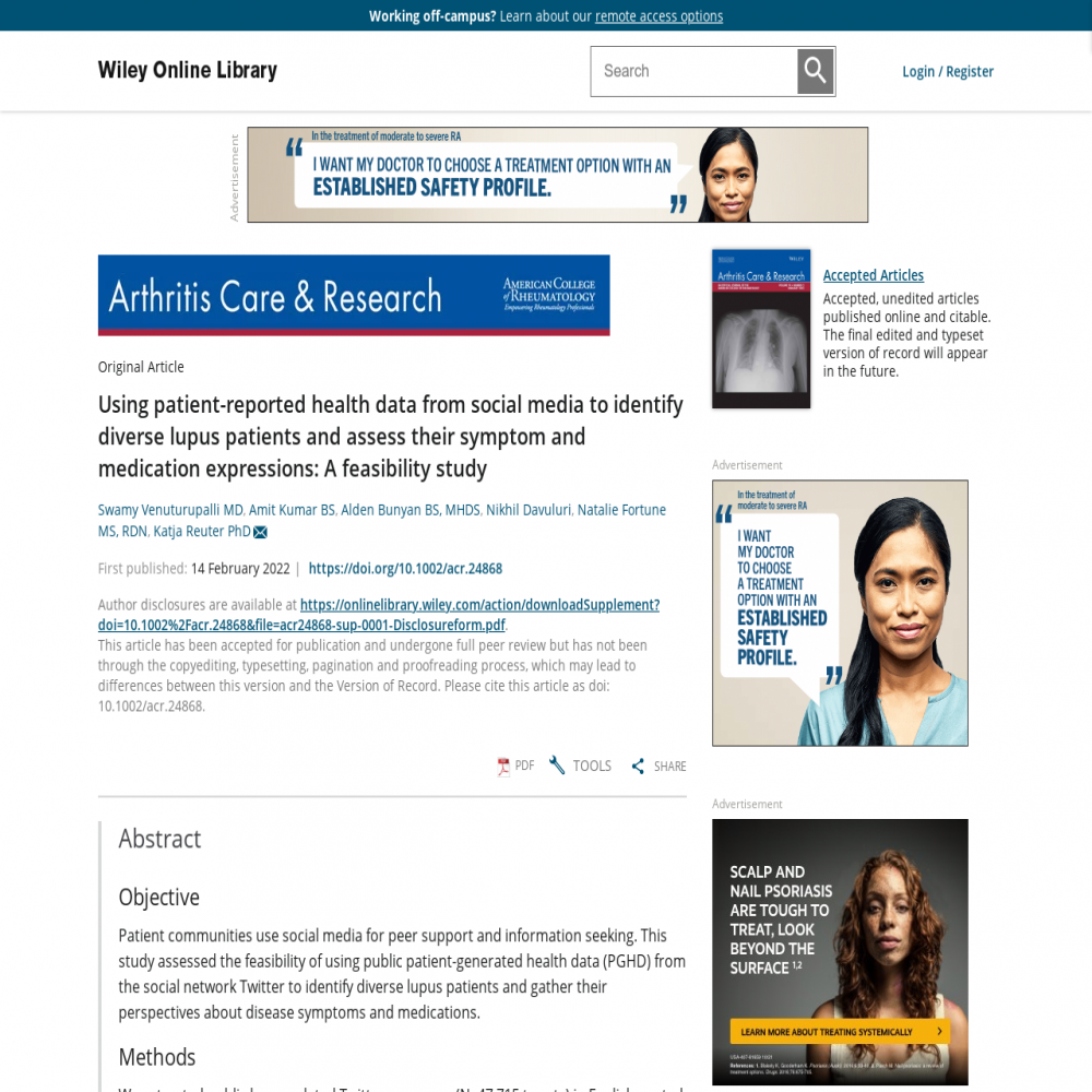 A healthcare social media research article published in Arthritis Care & Research, October 30, 2022