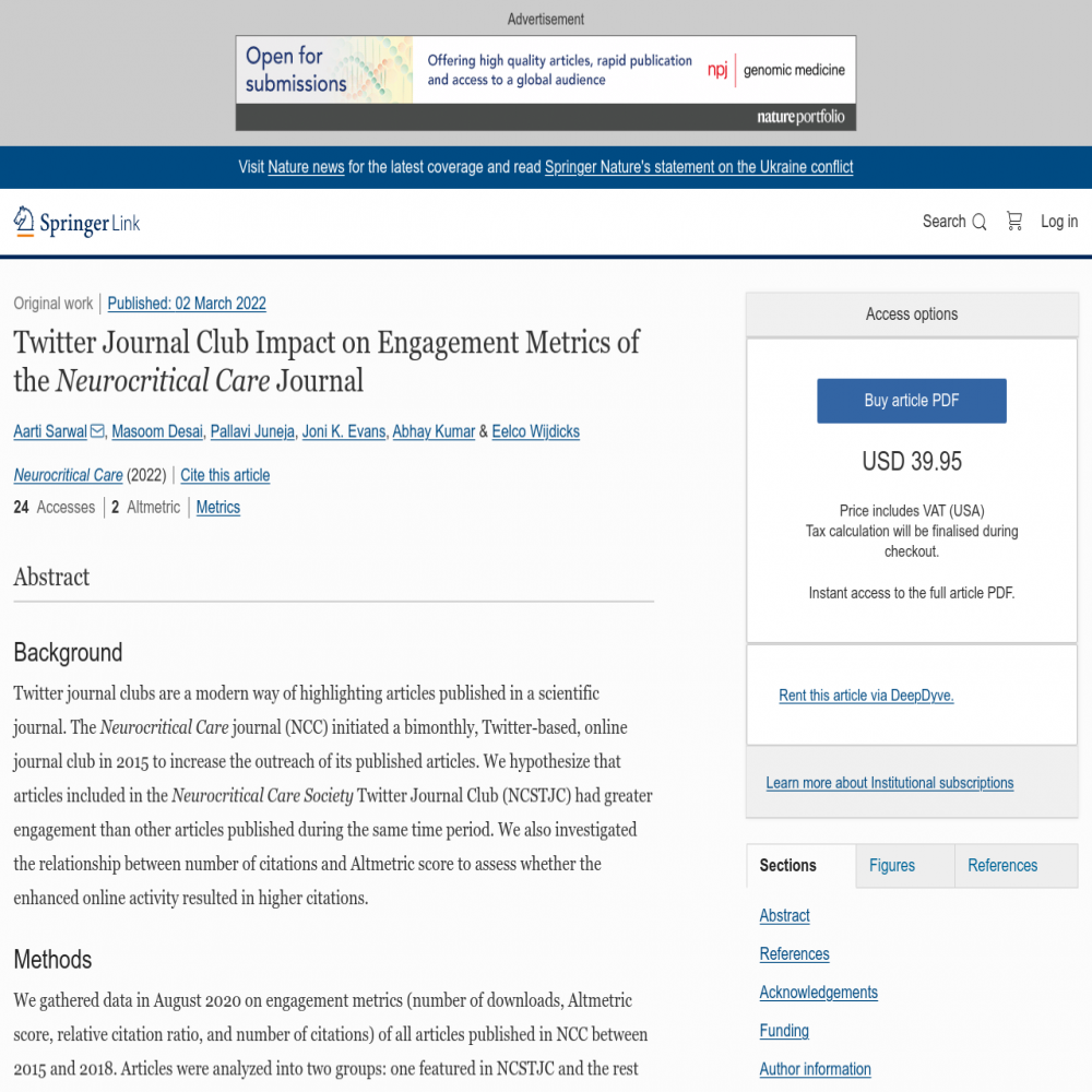A healthcare social media research article published in Neurocritical Care, March 1, 2022