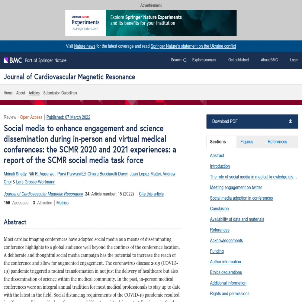 A healthcare social media research article published in Journal of Cardiovascular Magnetic Resonance, March 7, 2022