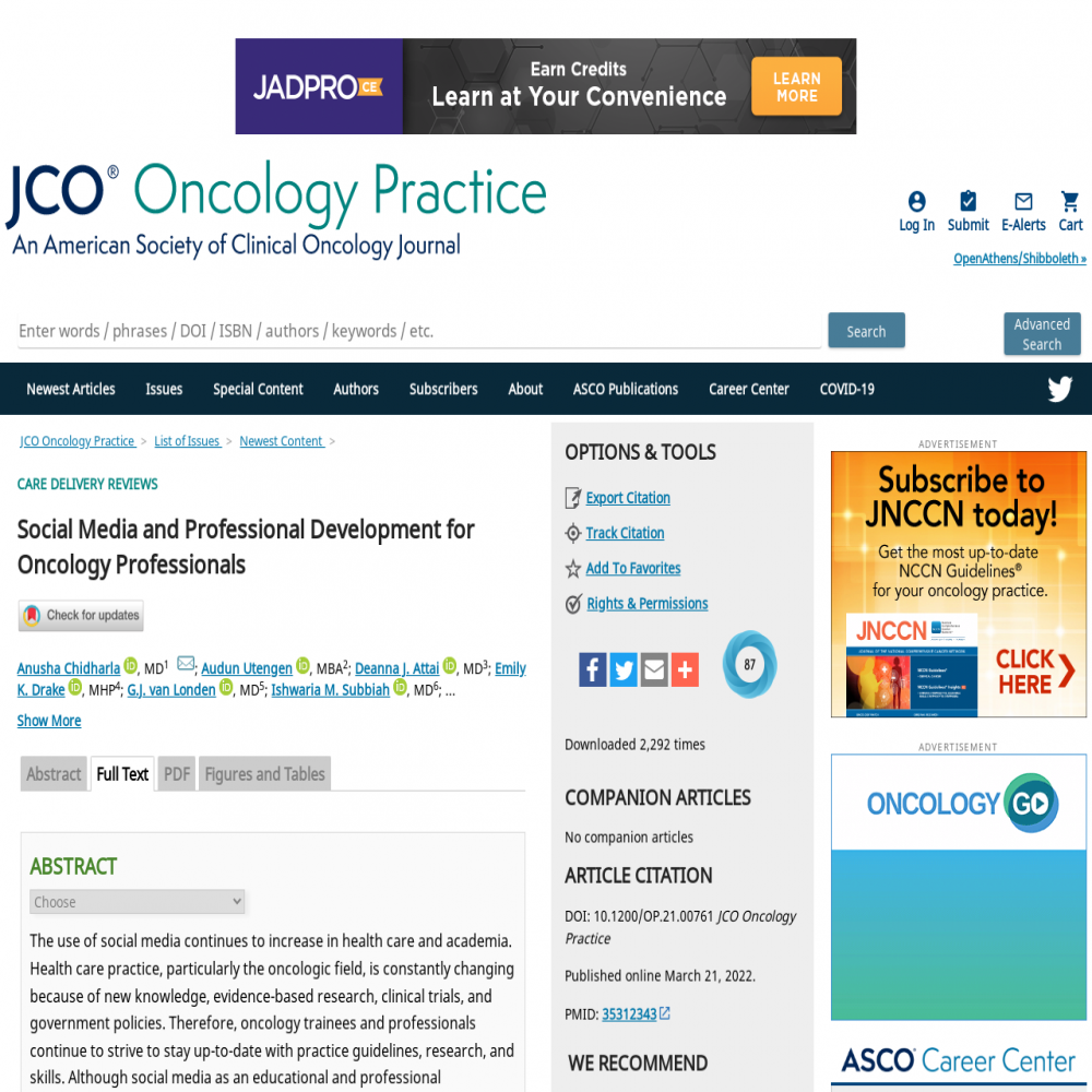 A healthcare social media research article published in JCO Oncology Practice, March 21, 2022