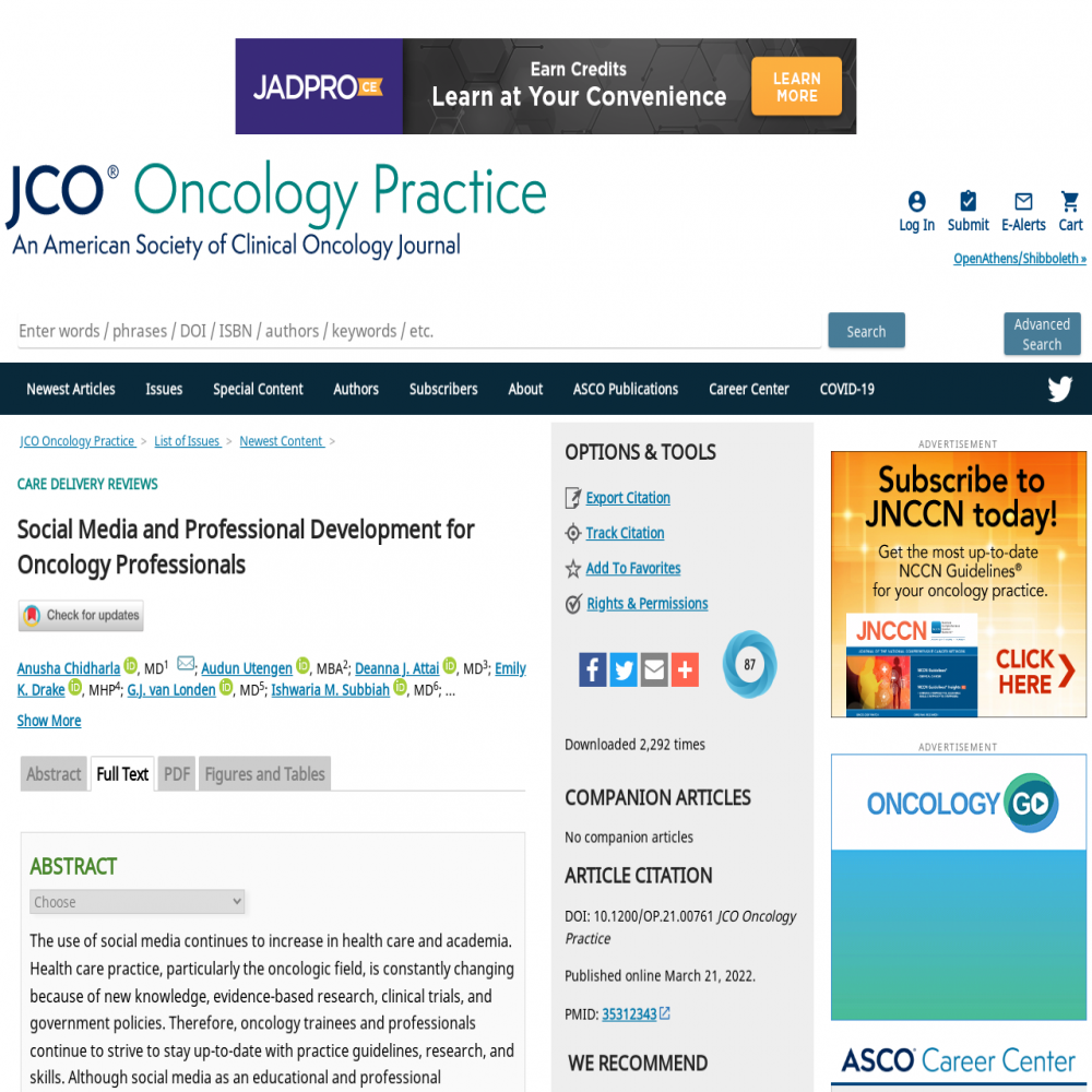 A healthcare social media research article published in JCO Oncology Practice, March 20, 2022