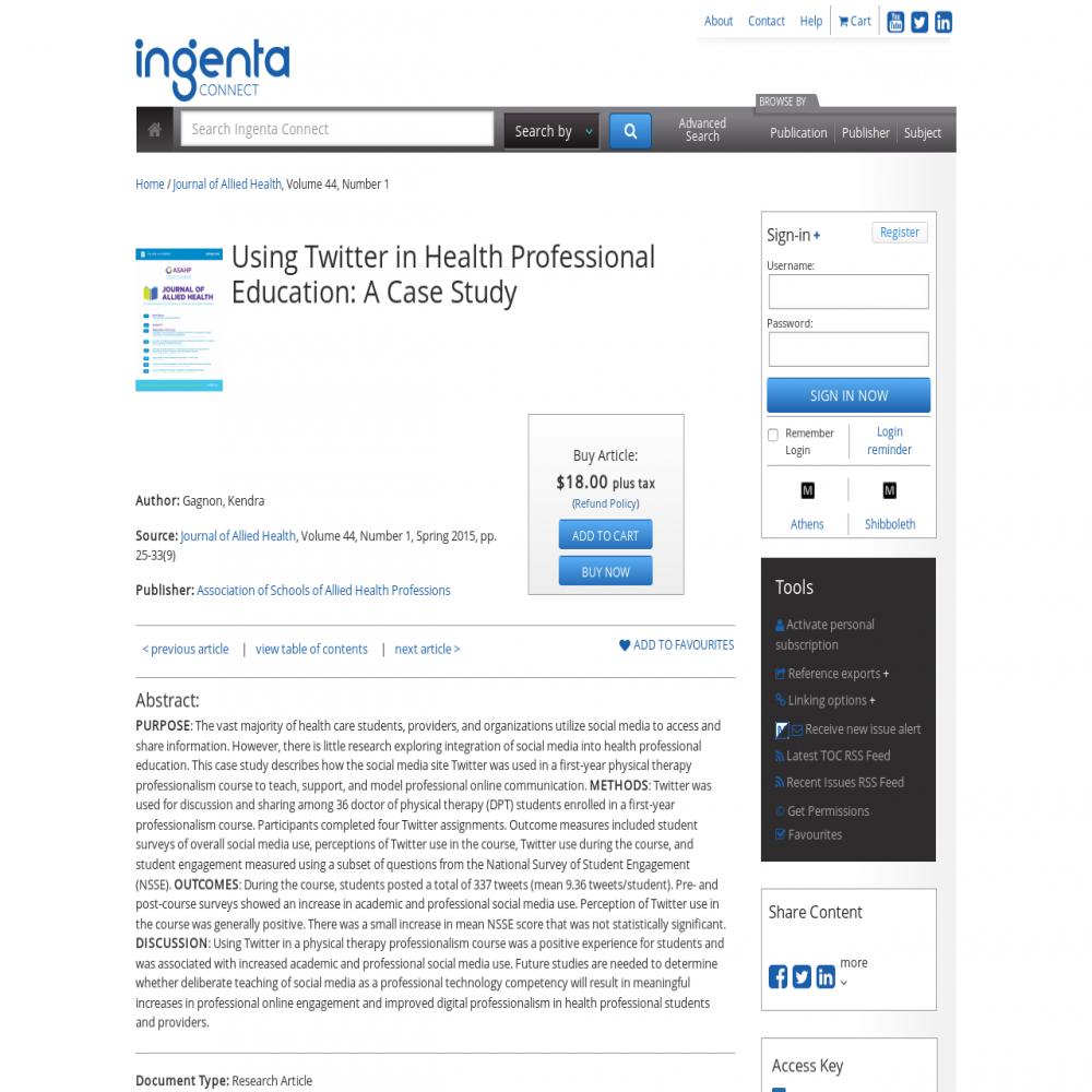 A healthcare social media research article published in Journal of Allied Health, December 31, 2014