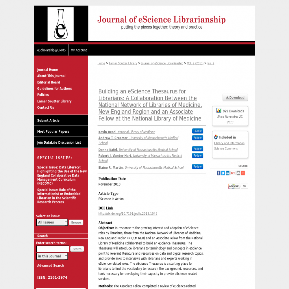 A healthcare social media research article published in Journal of eScience Librarianship, November 26, 2013