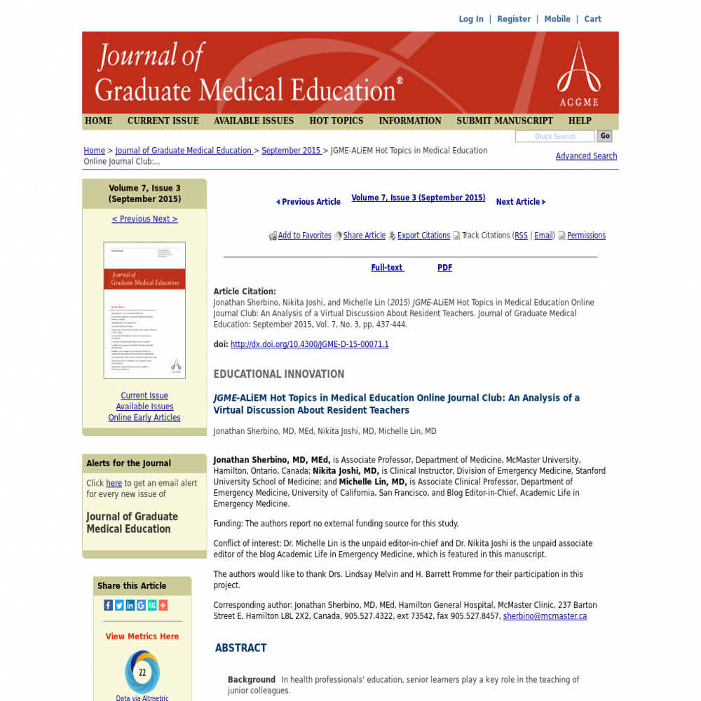 A healthcare social media research article published in Journal of Graduate Medical Education, August 31, 2015