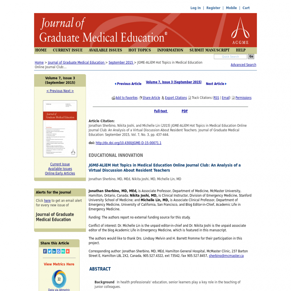 Jgme Aliem Hot Topics In Medical Education Online Journal Club An