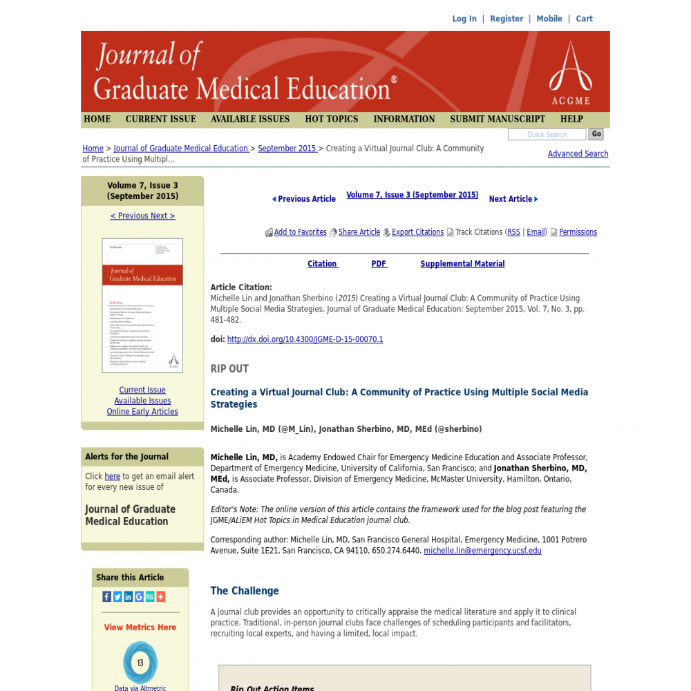 A healthcare social media research article published in Journal of Graduate Medical Education, August 31, 2015