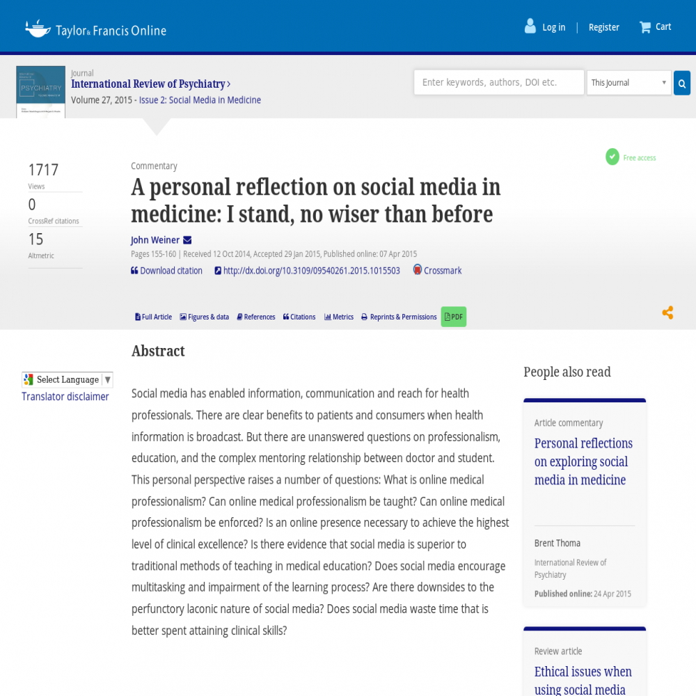 A healthcare social media research article published in International Review of Psychiatry, April 6, 2015