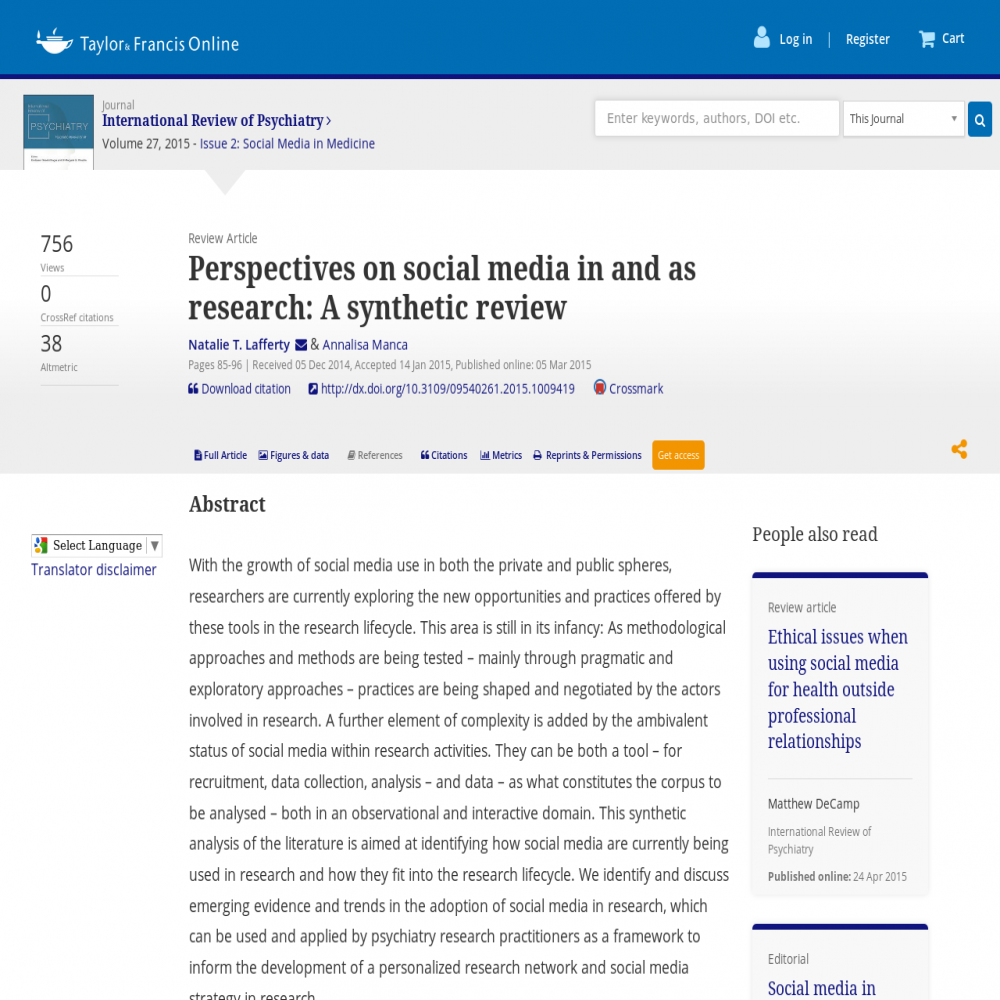 A healthcare social media research article published in International Review of Psychiatry, March 4, 2015