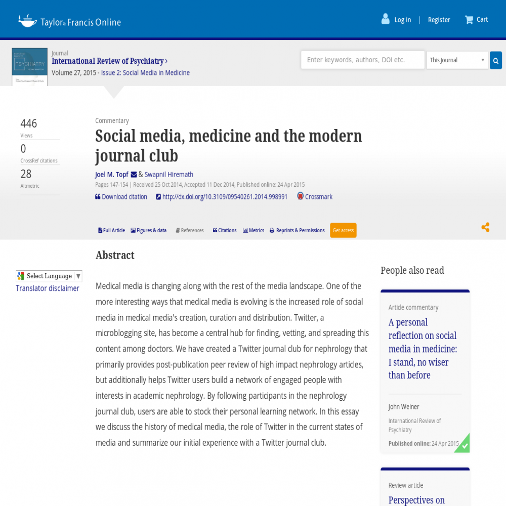A healthcare social media research article published in International Review of Psychiatry, April 23, 2015