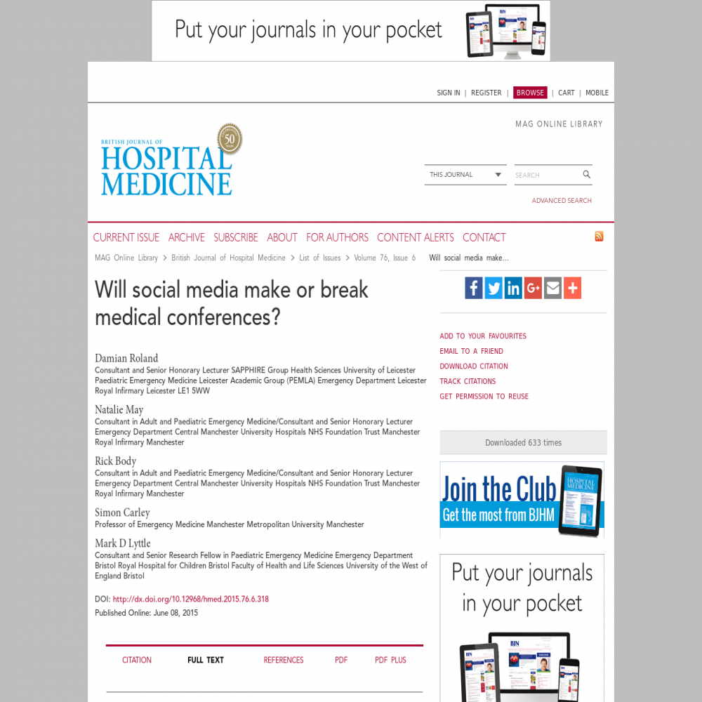 A healthcare social media research article published in British Journal of Hospital Medicine (17508460), June 1, 2015