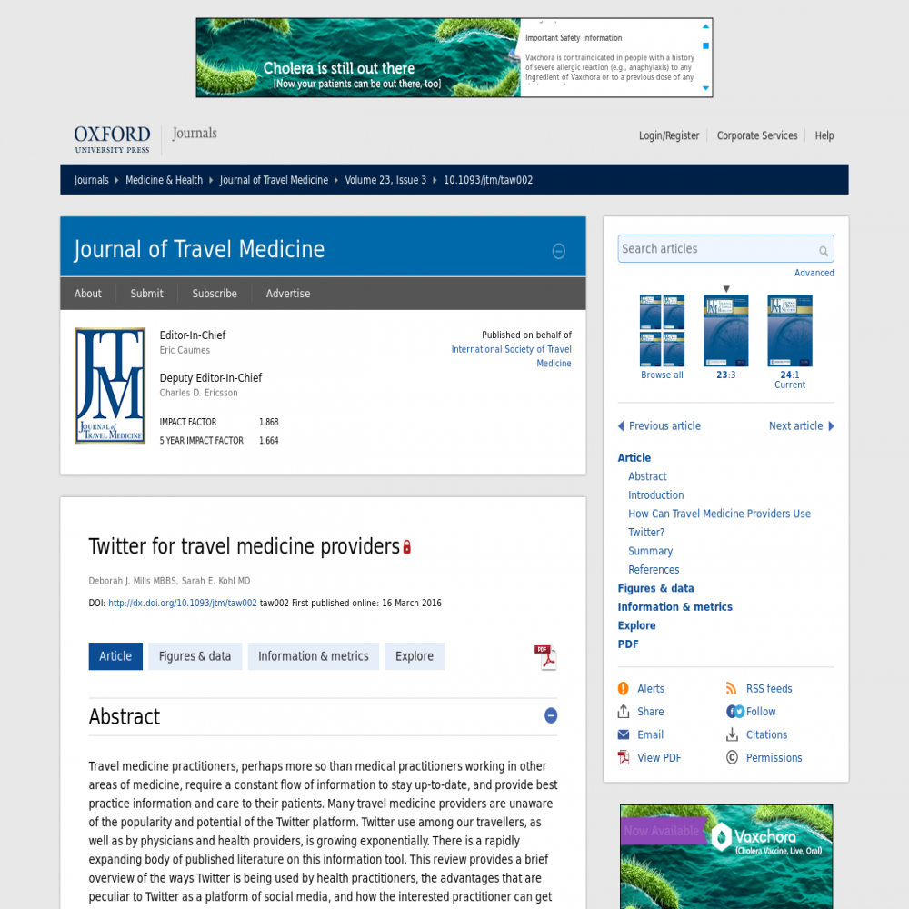 A healthcare social media research article published in Journal of Travel Medicine, March 15, 2016