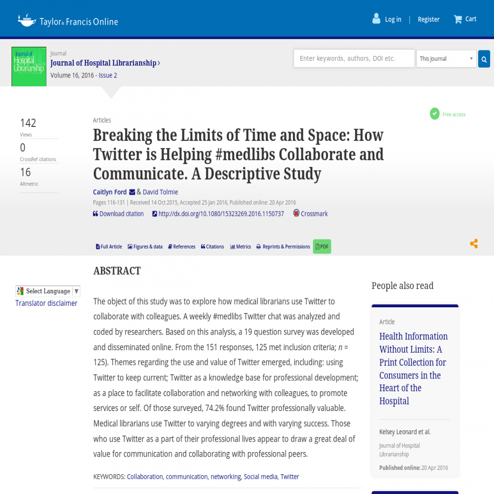 A healthcare social media research article published in Journal of Hospital Librarianship, April 19, 2016