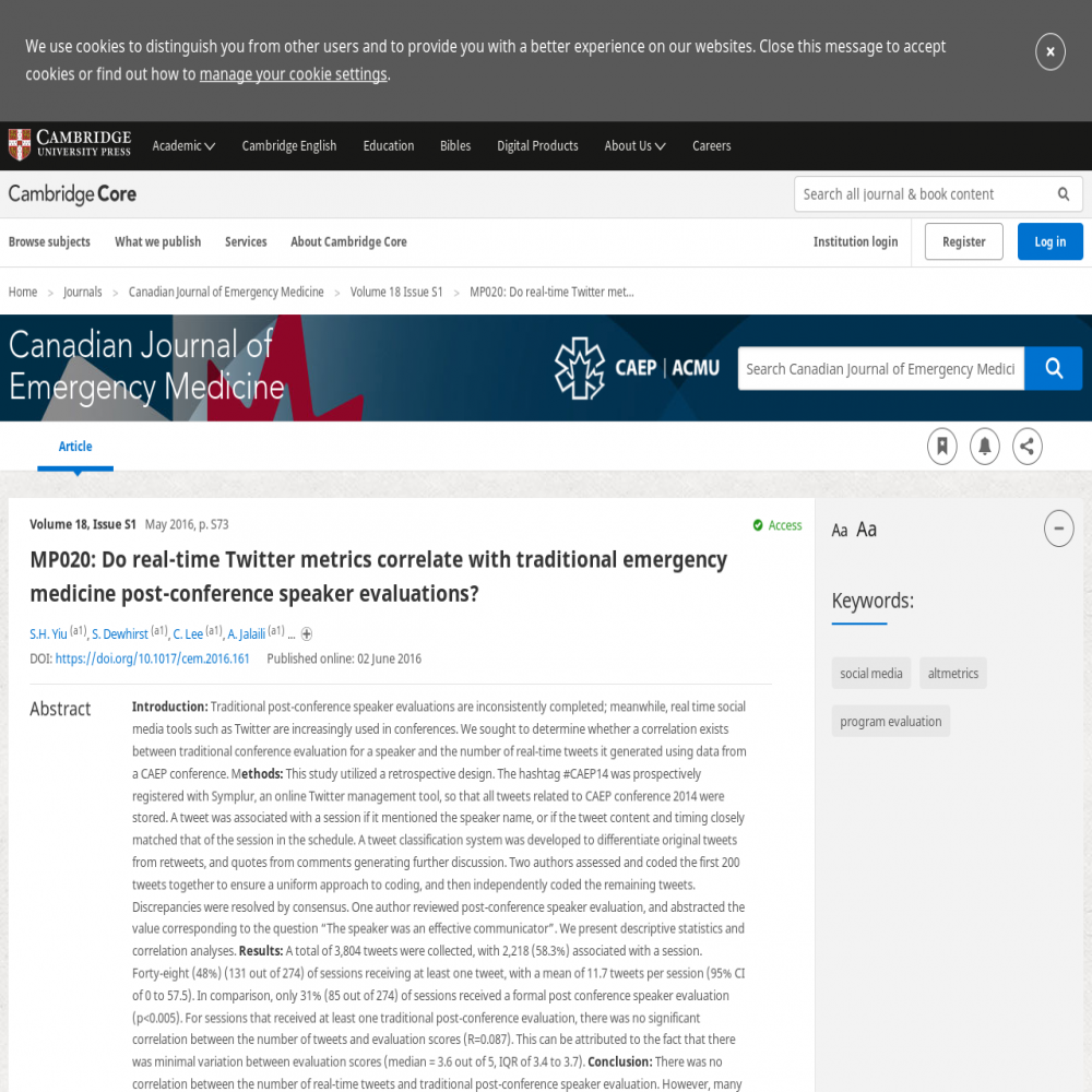 A healthcare social media research article published in Canadian Journal of Emergency Medicine, June 2, 2016