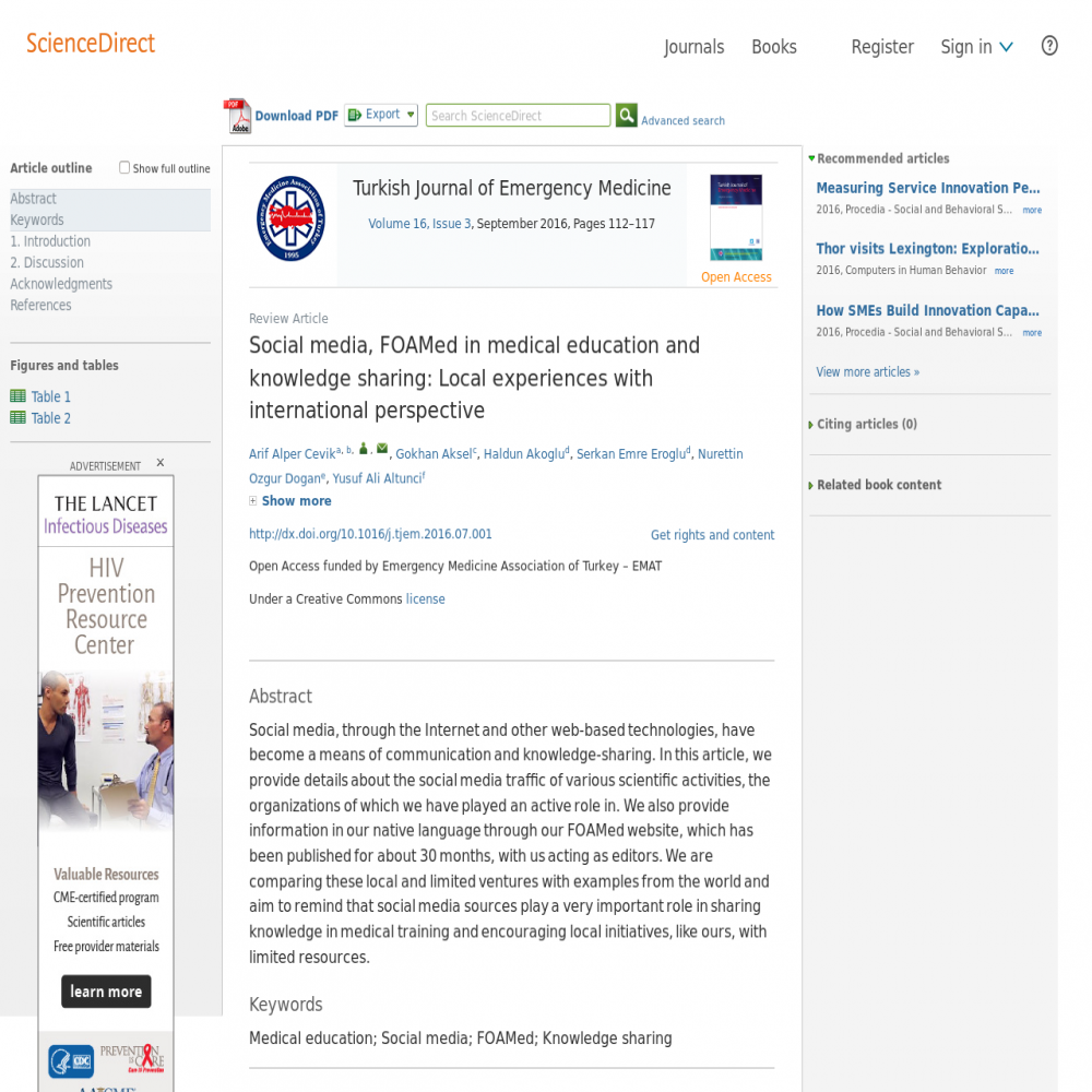 A healthcare social media research article published in Turkish Journal of Emergency Medicine, August 31, 2016