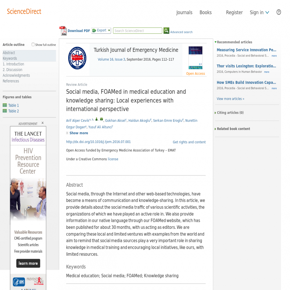 A healthcare social media research article published in Turkish Journal of Emergency Medicine, July 22, 2016
