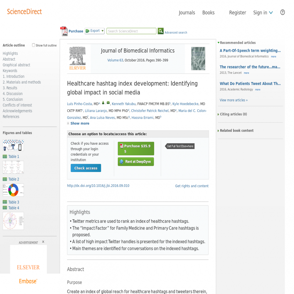 A healthcare social media research article published in Journal of Biomedical Informatics, September 16, 2016