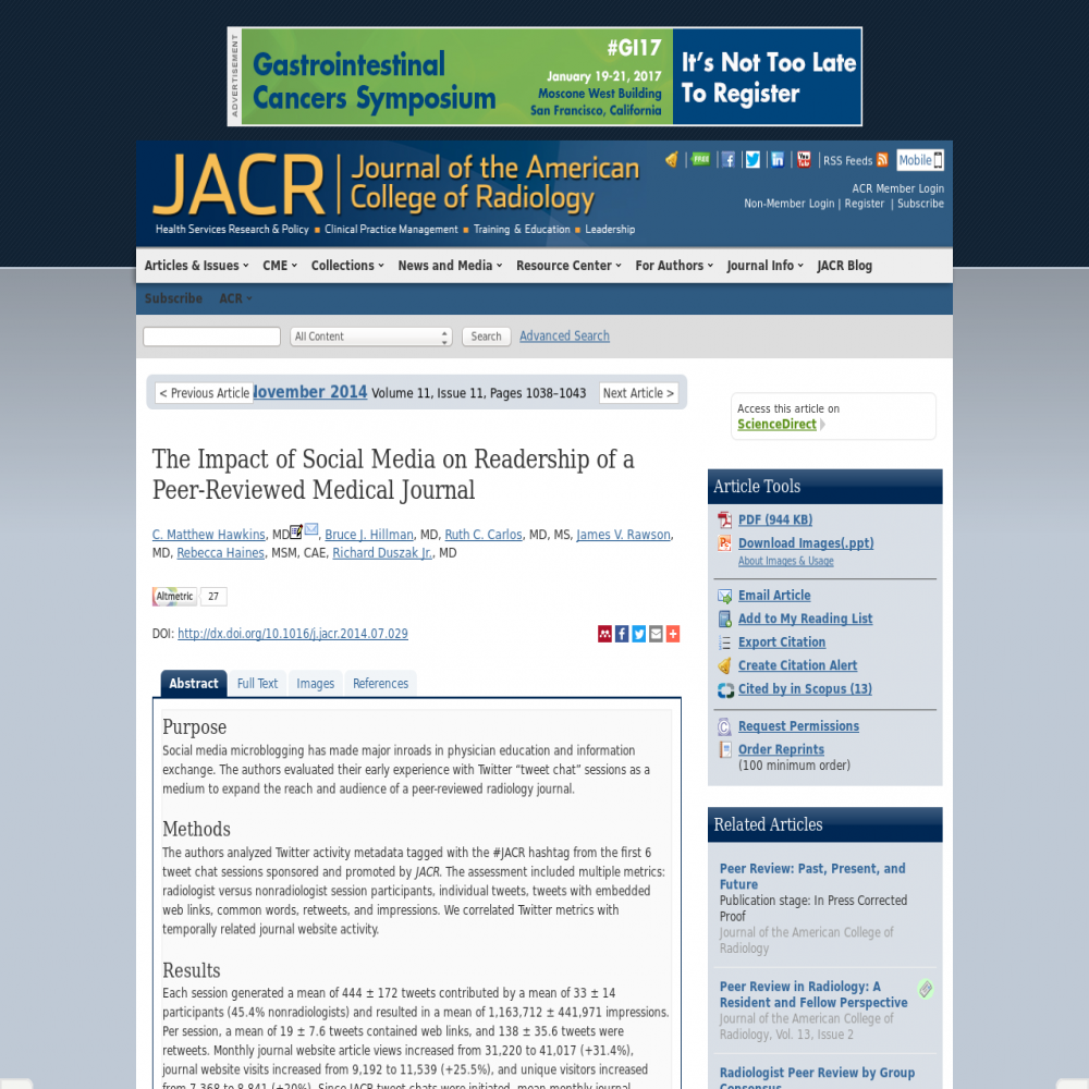 A healthcare social media research article published in Journal of the American College of Radiology, November 3, 2014
