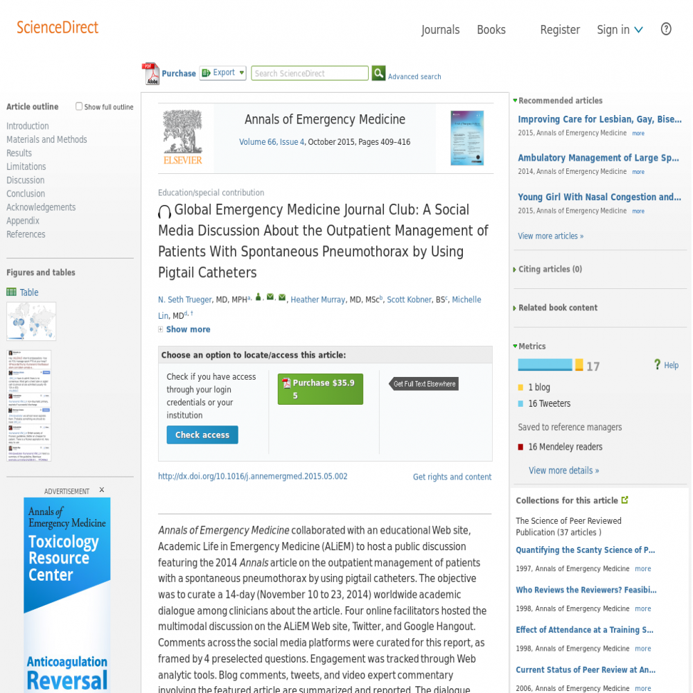 A healthcare social media research article published in Annals of Emergency Medicine, June 6, 2015