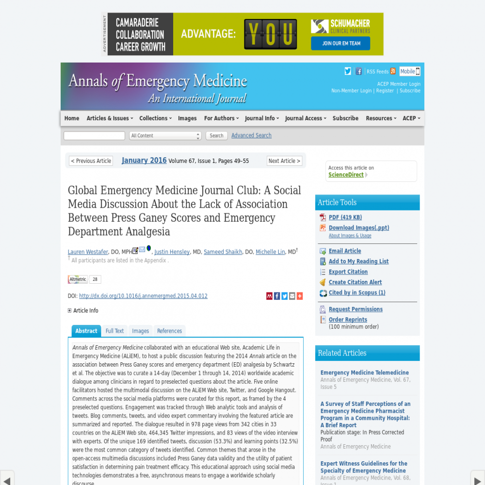 A healthcare social media research article published in Annals of Emergency Medicine, December 31, 2015