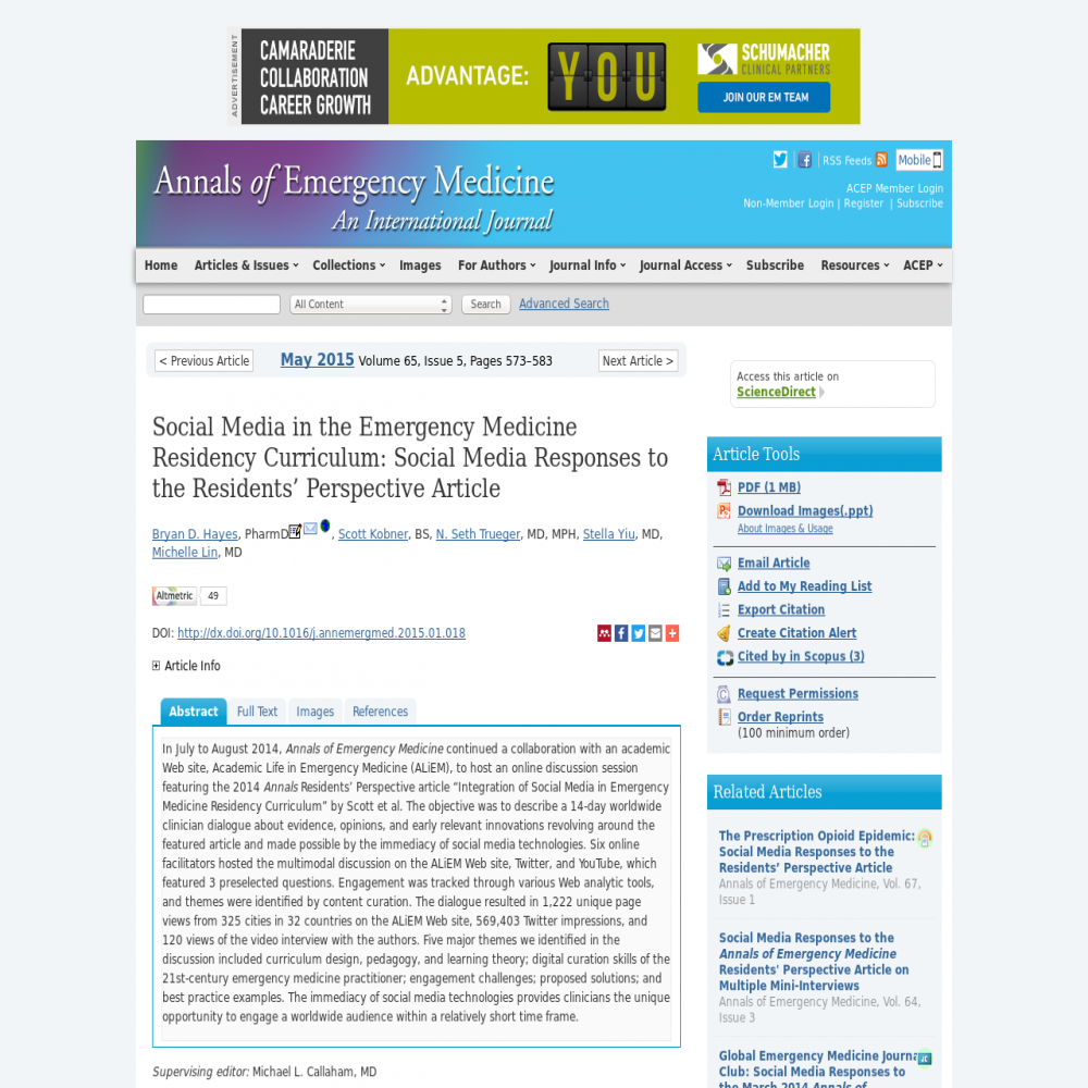 A healthcare social media research article published in Annals of Emergency Medicine, April 30, 2015