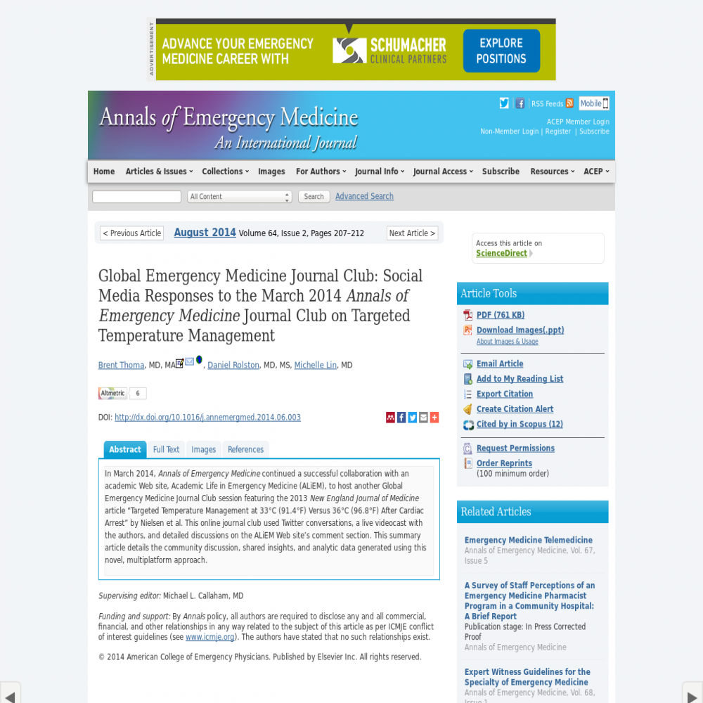 A healthcare social media research article published in Annals of Emergency Medicine, July 31, 2014