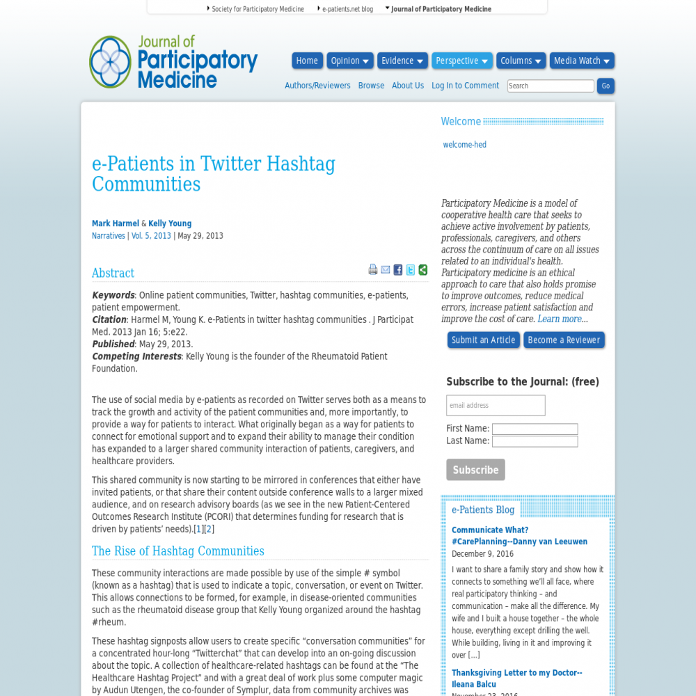 A healthcare social media research article published in Journal of Participatory Medicine, 2013