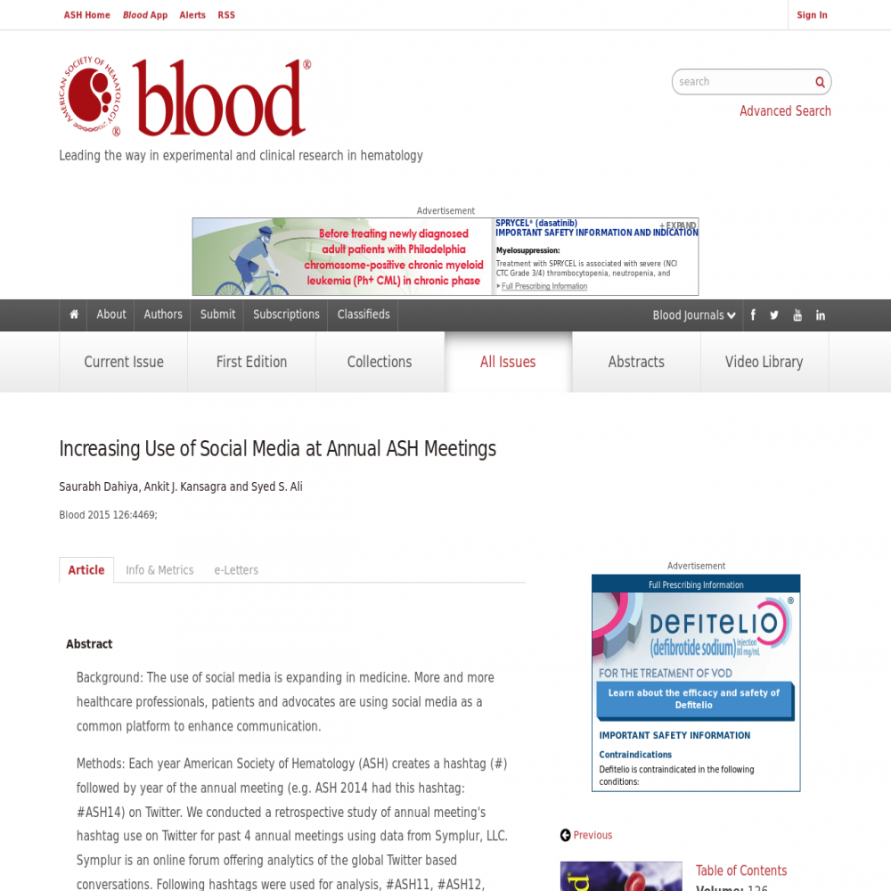 A healthcare social media research article published in Blood Journal, 2015