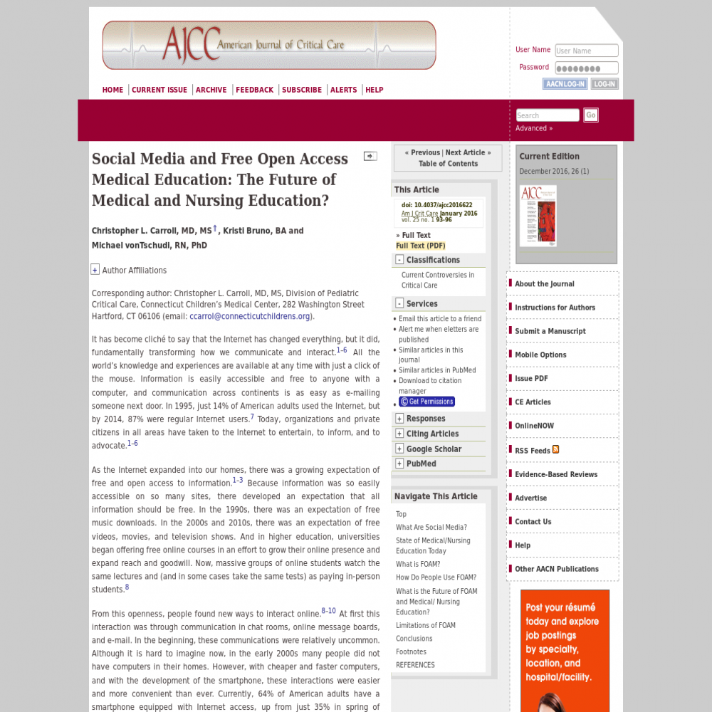 A healthcare social media research article published in American Journal of Critical Care, December 31, 2015