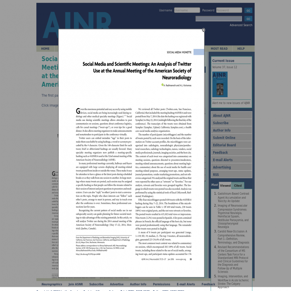 A healthcare social media research article published in American Journal of Neuroradiology, November 26, 2014