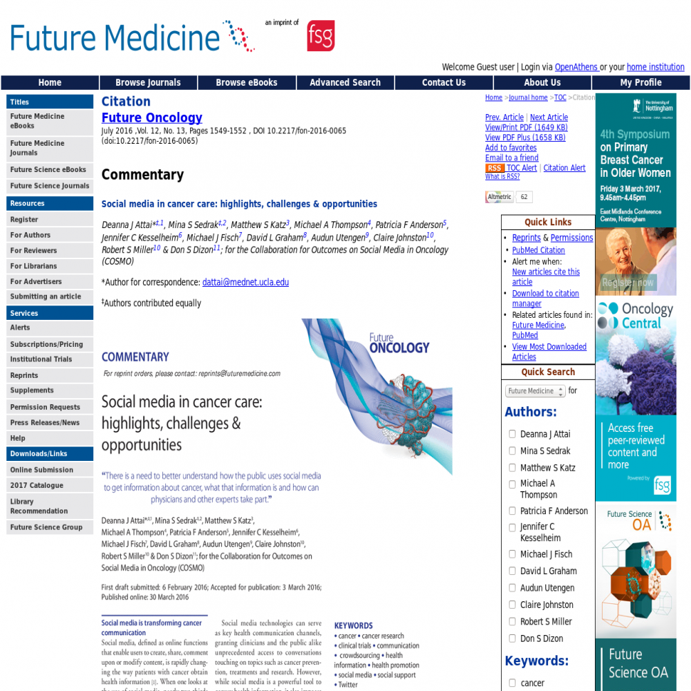 A healthcare social media research article published in Future Oncology, June 30, 2016