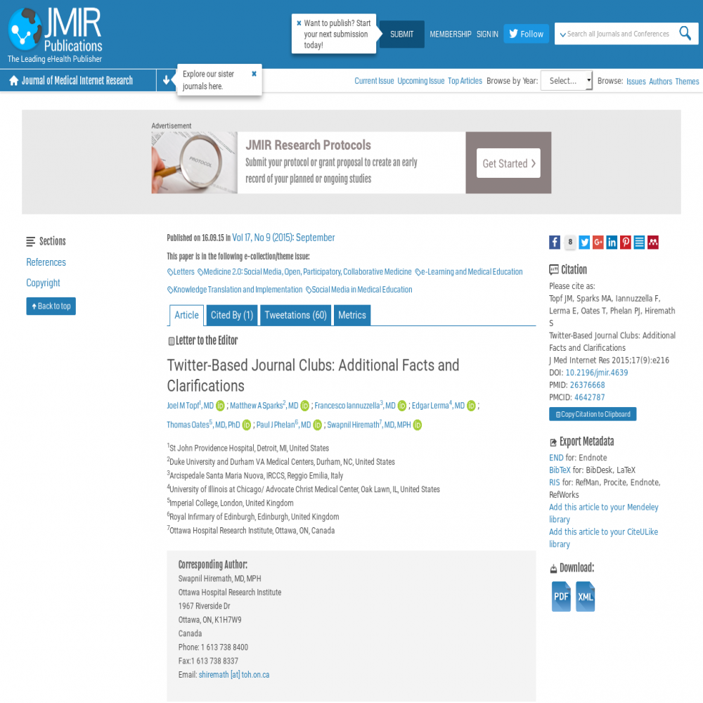 A healthcare social media research article published in Journal of Medical Internet Research, December 31, 2014