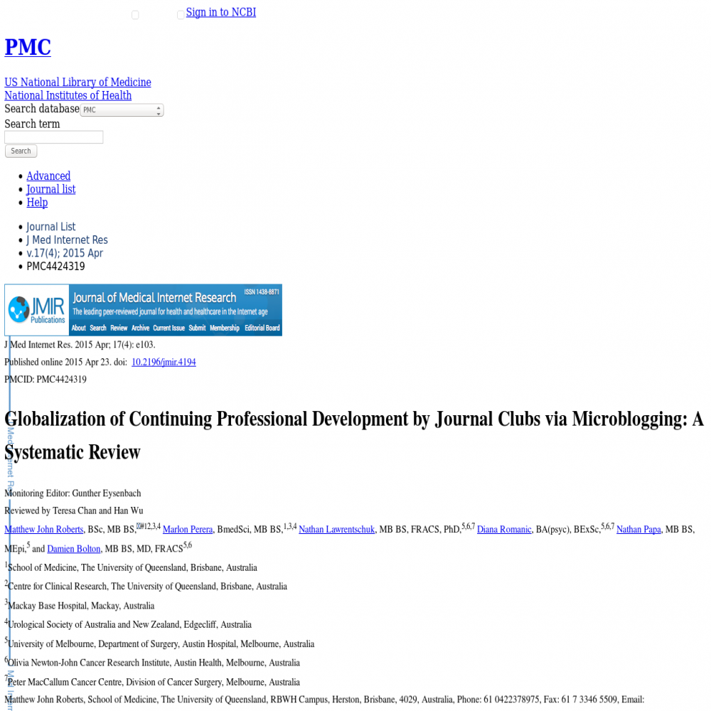 A healthcare social media research article published in Journal of Medical Internet Research, April 22, 2015