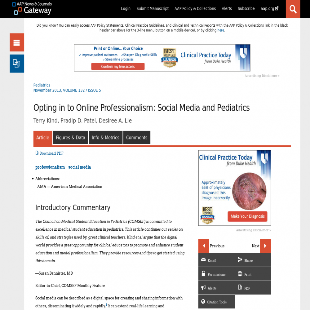 A healthcare social media research article published in Pediatrics, October 31, 2013