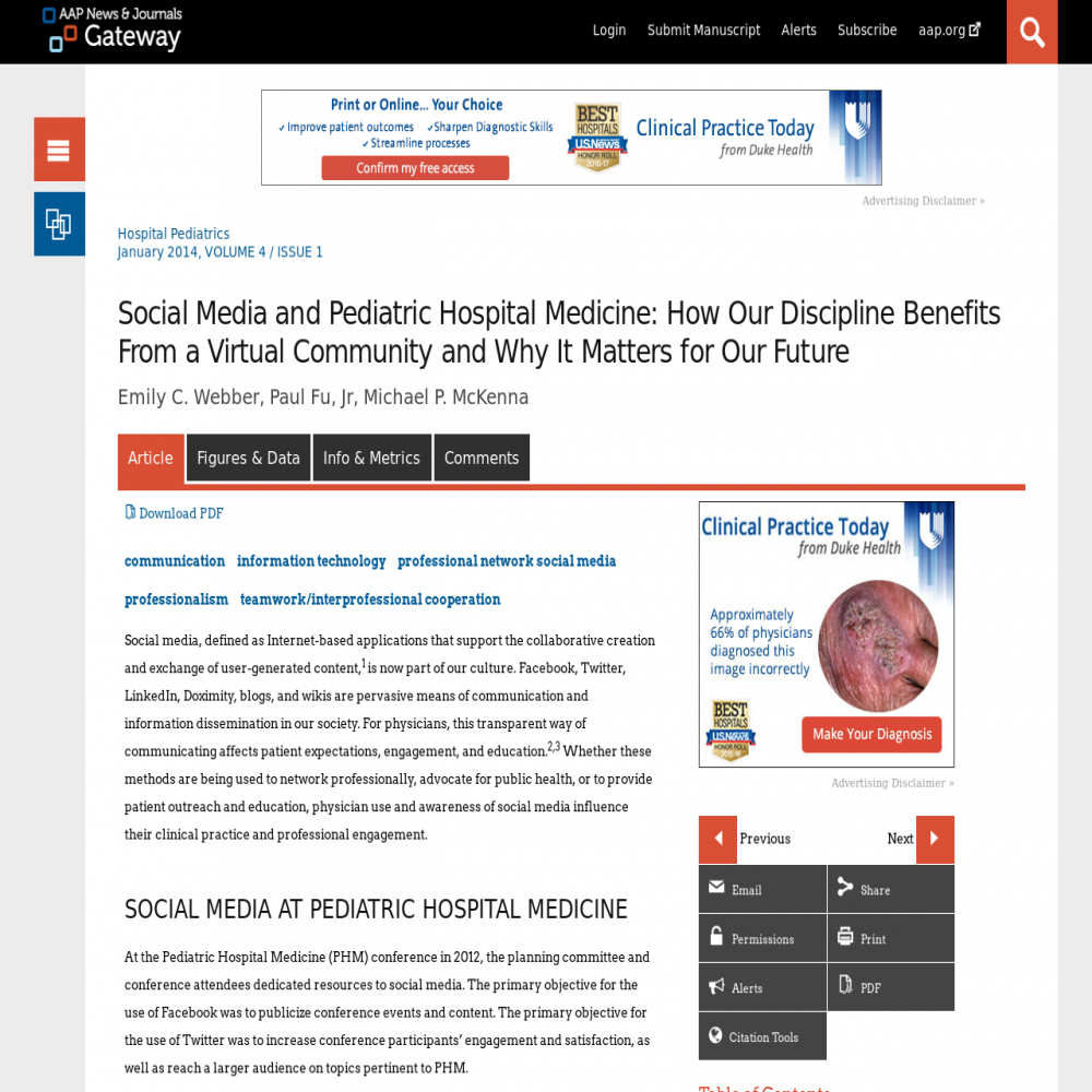 A healthcare social media research article published in Hospital Pediatrics, December 31, 2013