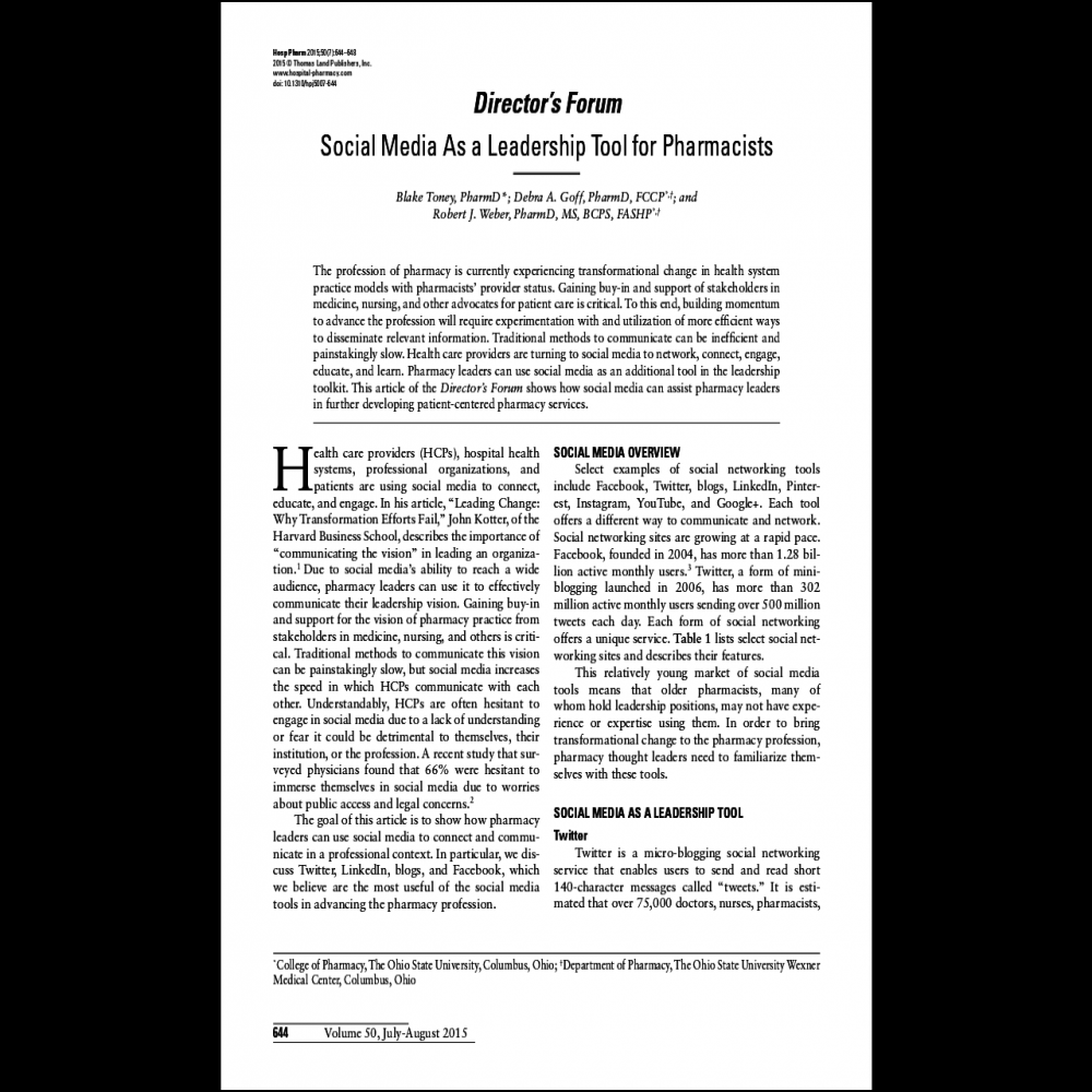 A healthcare social media research article published in Hospital Pharmacy, June 30, 2015