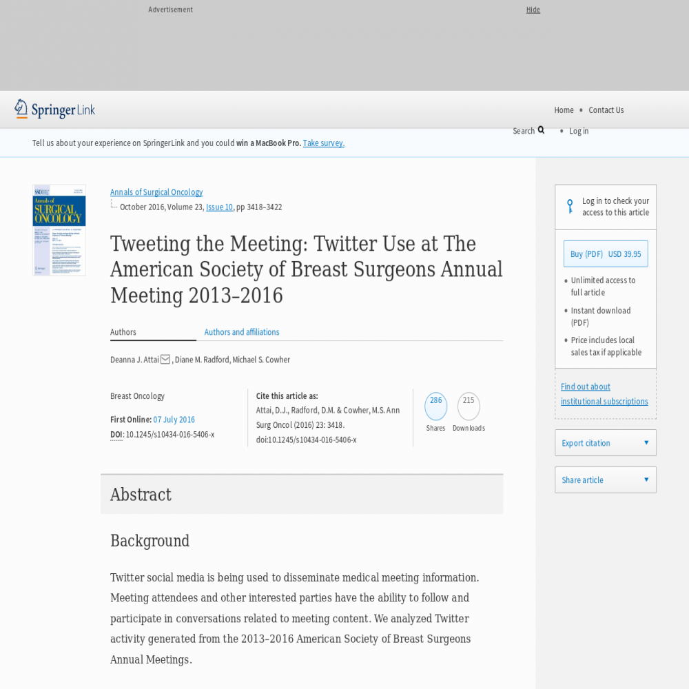 A healthcare social media research article published in Annals of Surgical Oncology, July 6, 2016