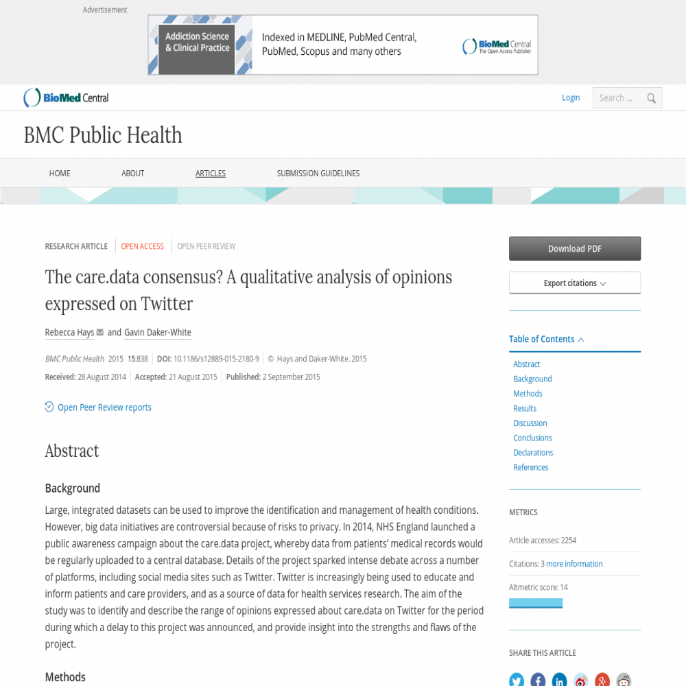 A healthcare social media research article published in BMC Public Health, September 1, 2015