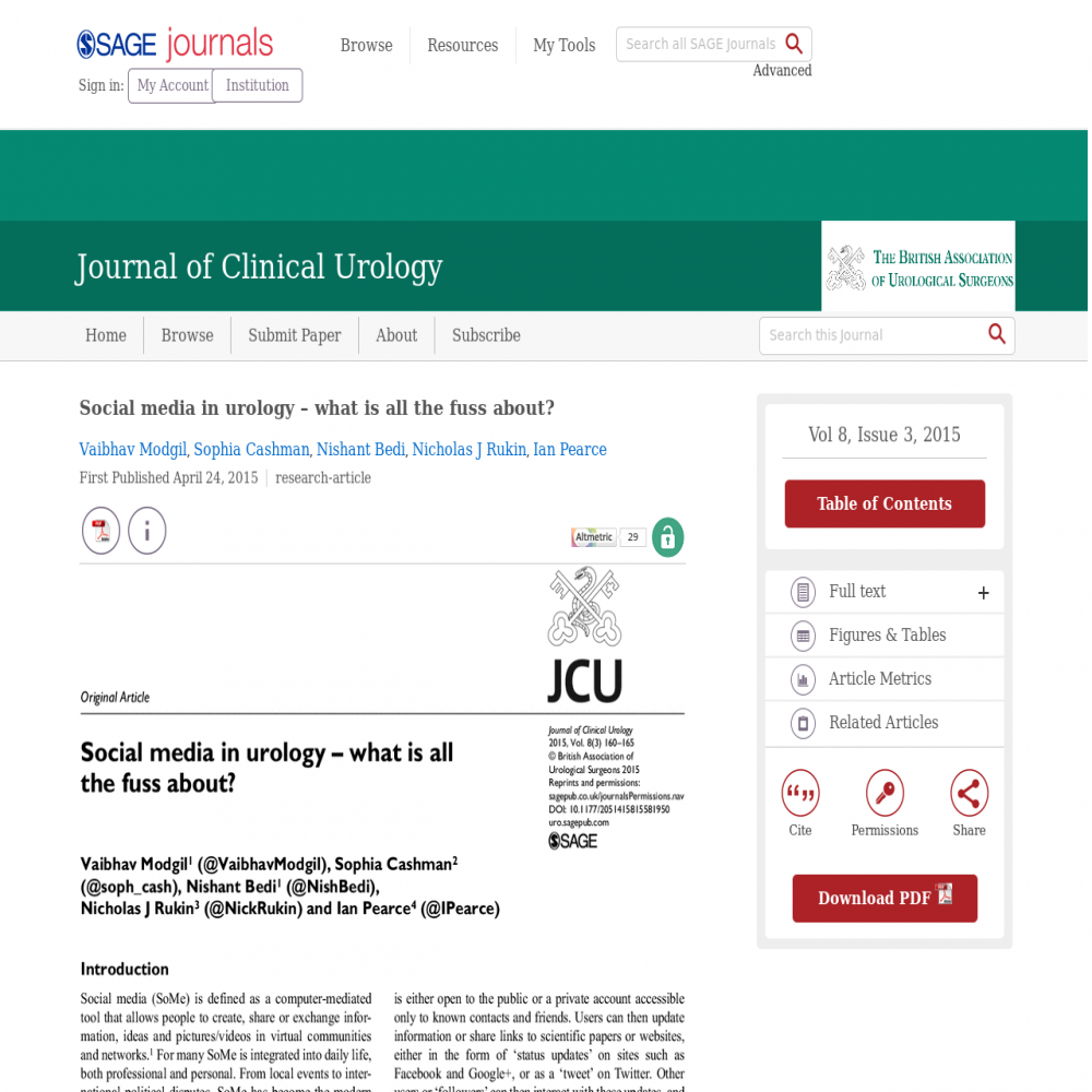 A healthcare social media research article published in Journal of Clinical Urology, April 23, 2015