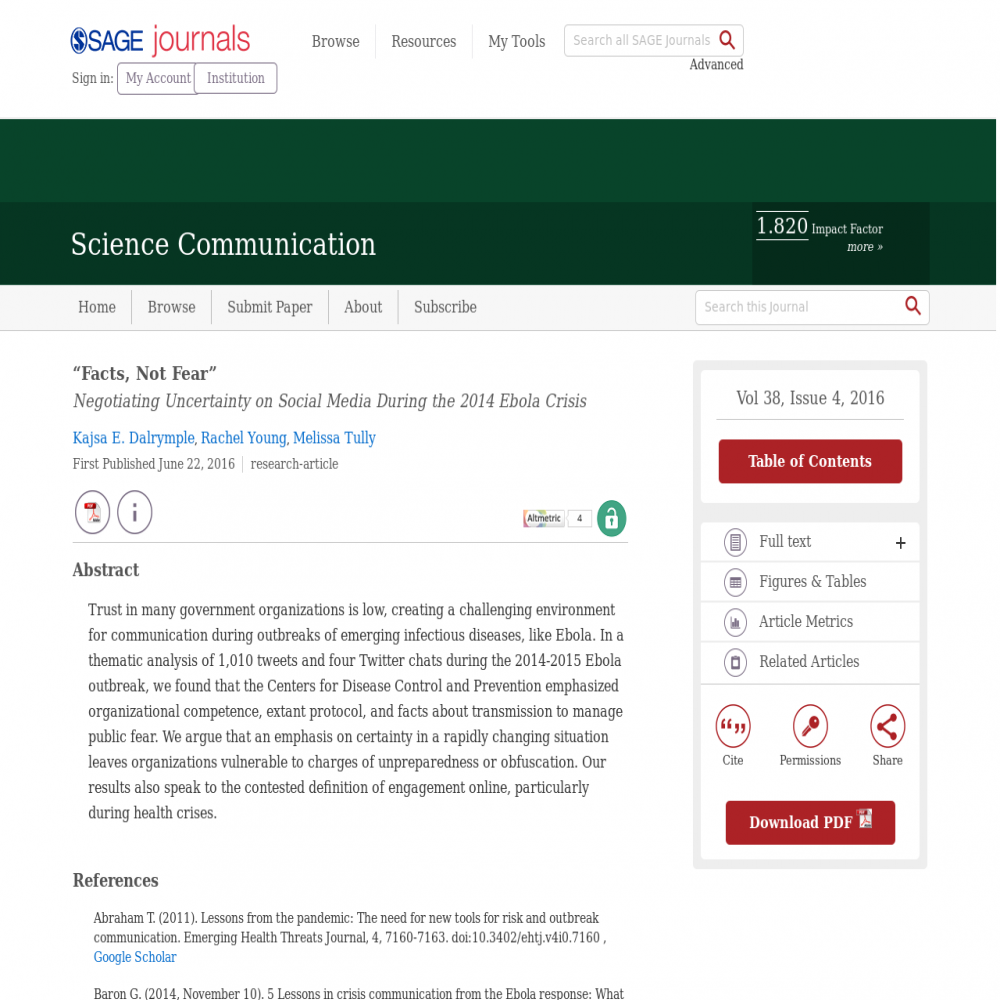 A healthcare social media research article published in Science Communication, June 21, 2016