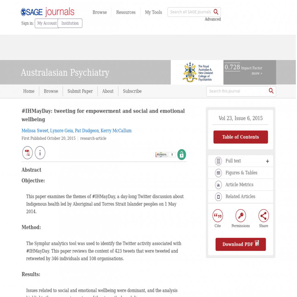 A healthcare social media research article published in Australasian Psychiatry, October 19, 2015