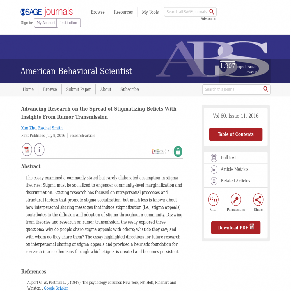 A healthcare social media research article published in American Behavioral Scientist, July 27, 2016