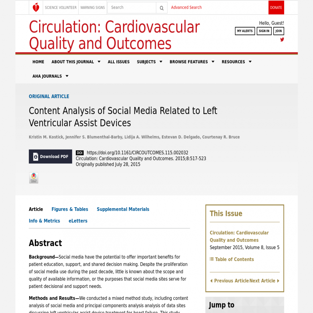 A healthcare social media research article published in Circulation: Cardiovascular Quality & Outcomes, August 31, 2015