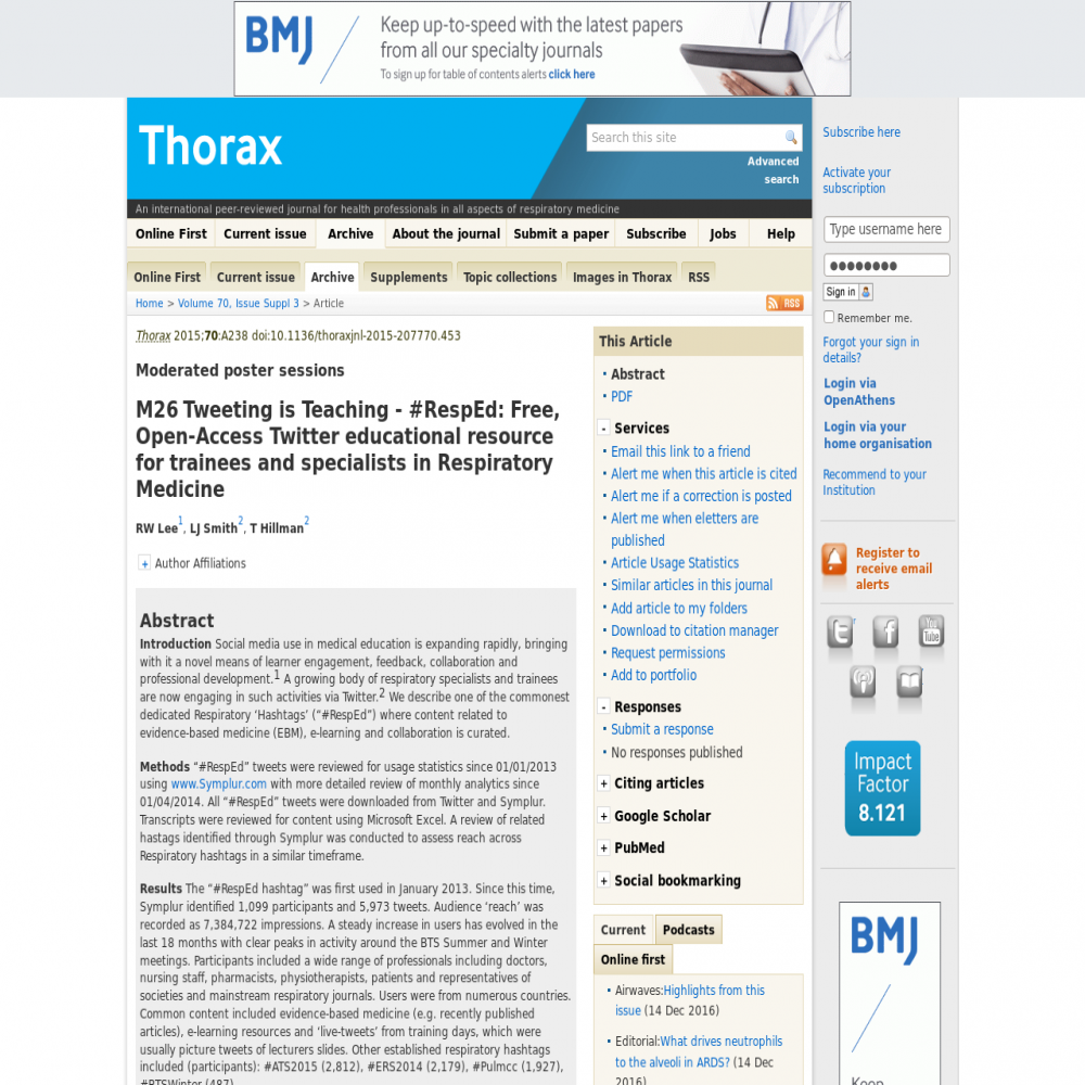 A healthcare social media research article published in Thorax, November 11, 2015