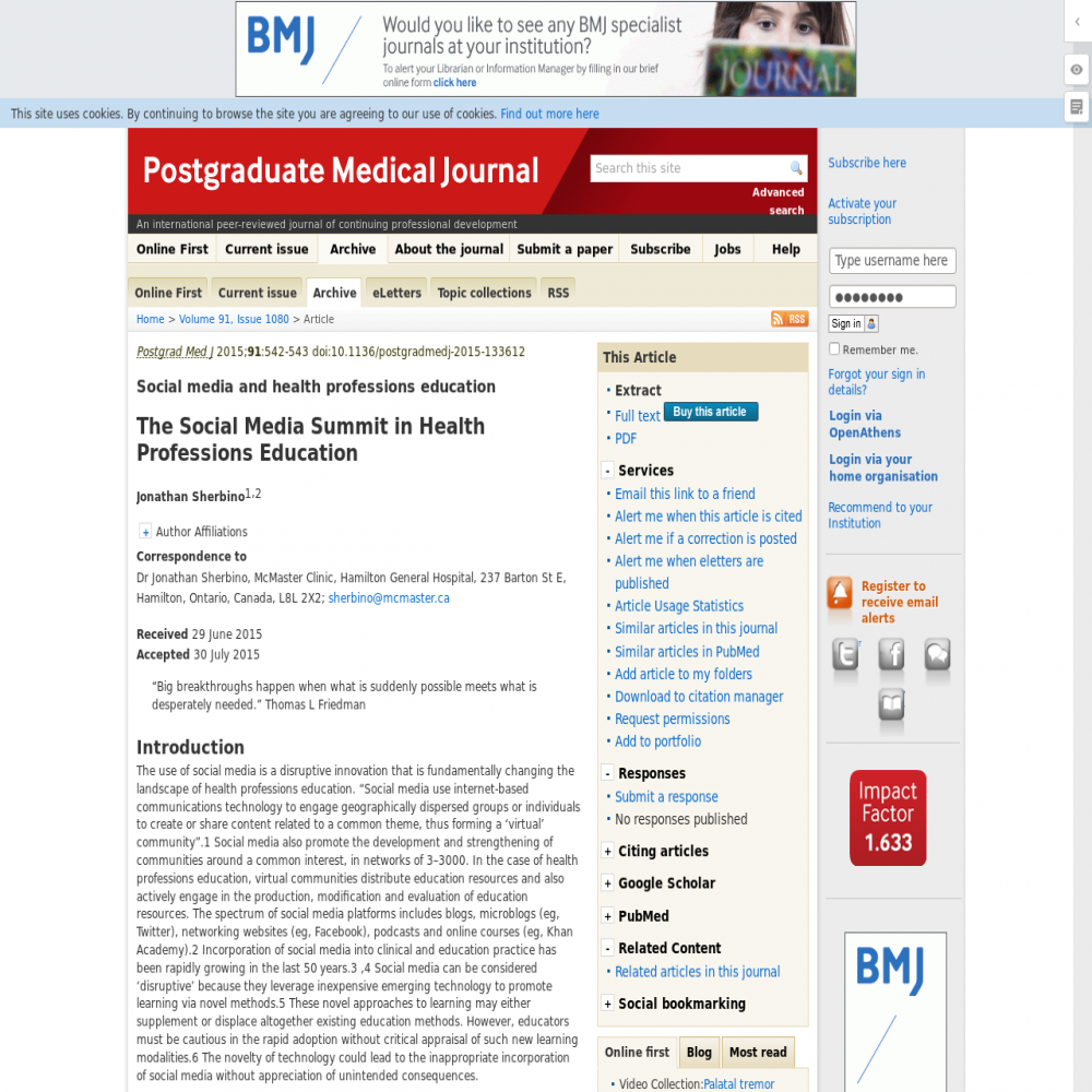 A healthcare social media research article published in Postgraduate Medical Journal, September 23, 2015