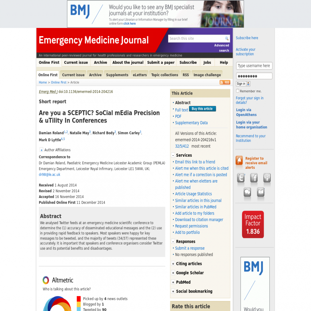 A healthcare social media research article published in Emergency Medicine Journal, December 10, 2014