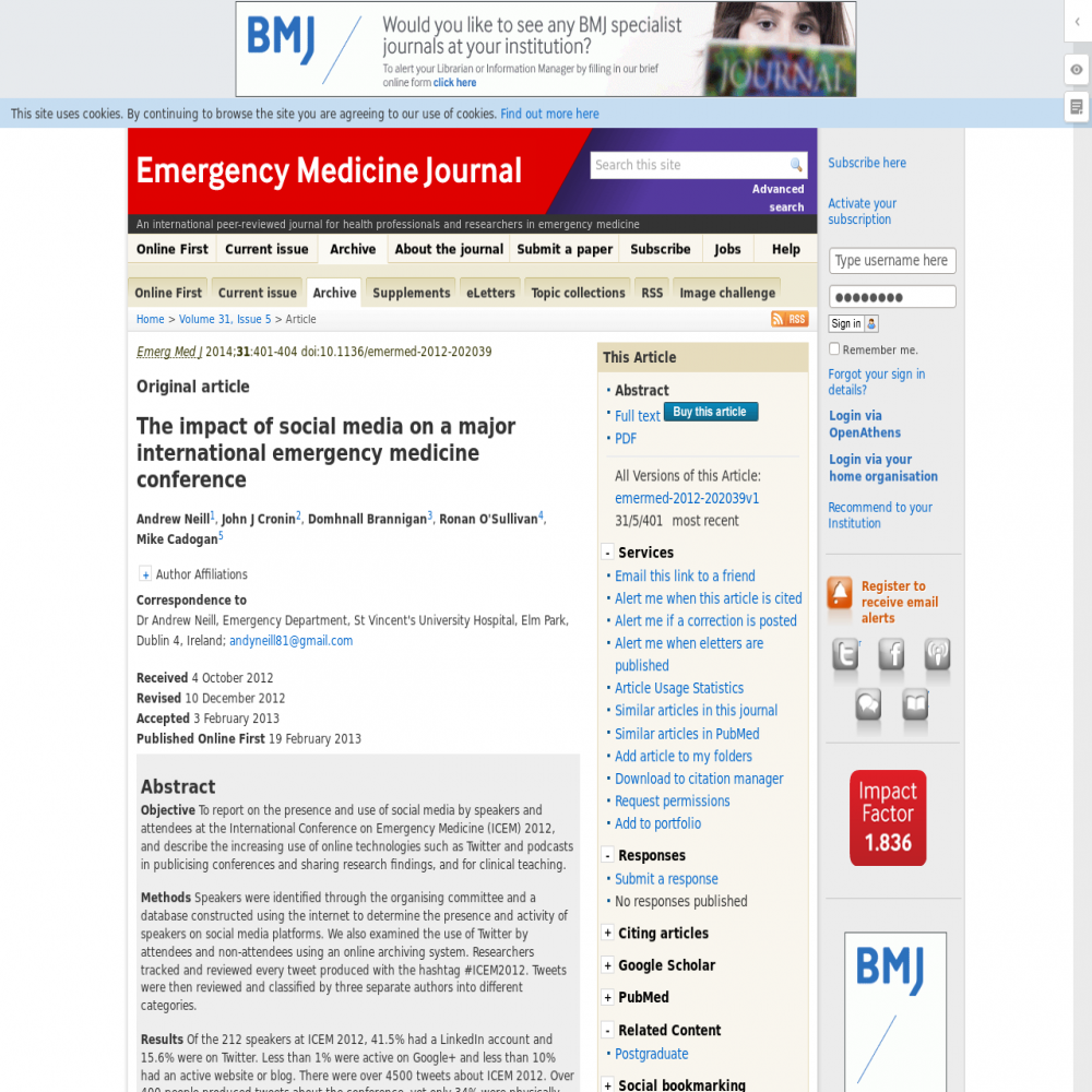 A healthcare social media research article published in Emergency Medicine Journal, February 18, 2013