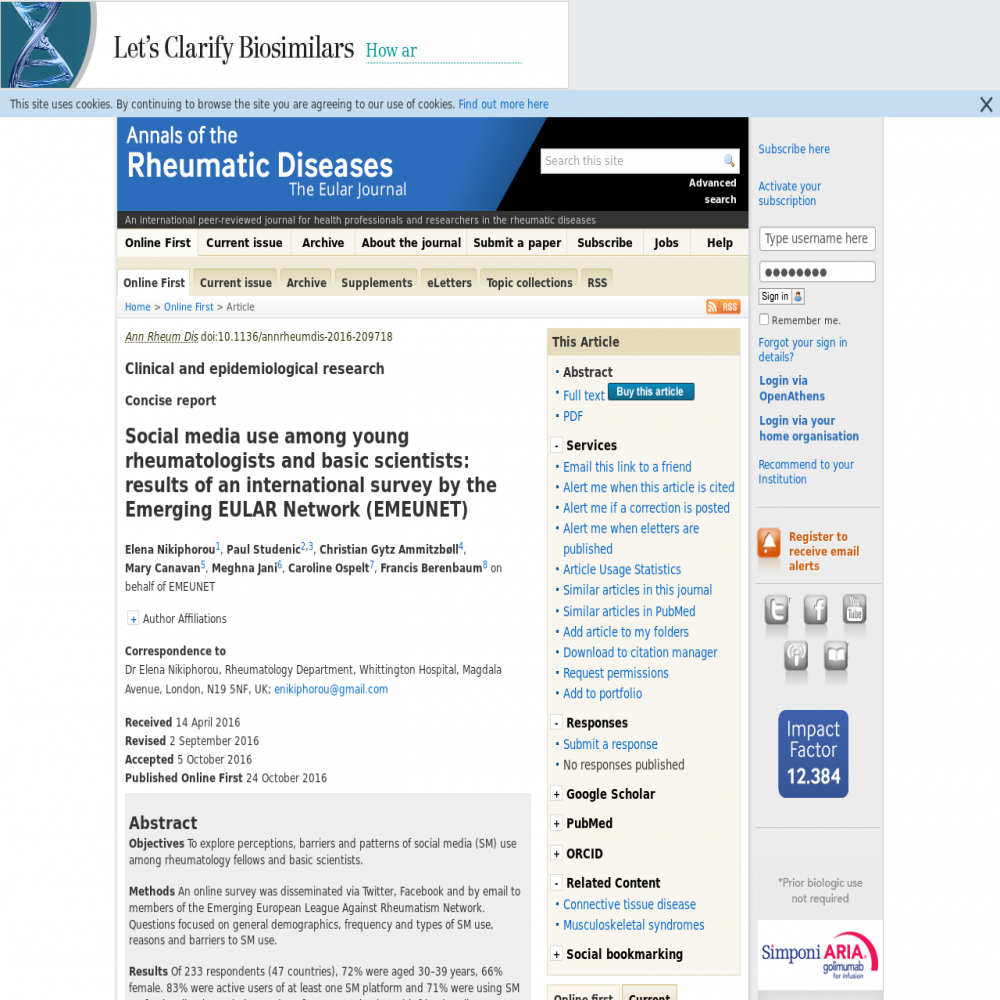 A healthcare social media research article published in Annals of the Rheumatic Diseases, October 23, 2016